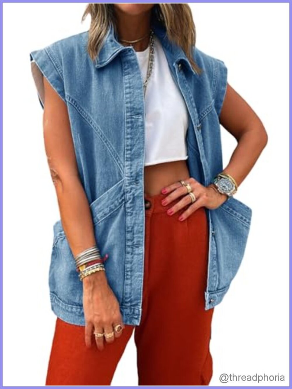 Womens Oversized Denim Vest Sleeveless Button Down Jean Vest Top